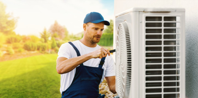 Artisan qui travaille sur une unité extérieure de climatisation