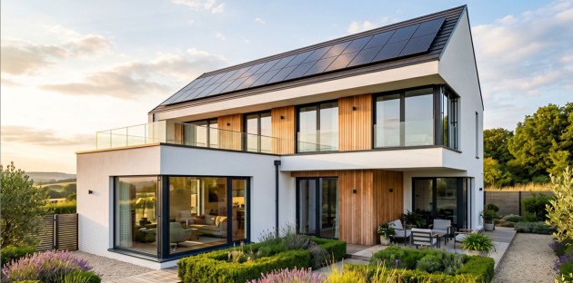 Maison contemporaine équipée de panneaux solaires sur toiture et jardin paysager