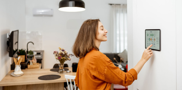 Femme qui utilise un système de contrôle domotique, maison intelligente