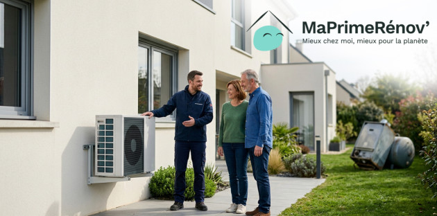 Professionnel présentant une pompe à chaleur extérieure à un couple, avec mise en avant du dispositif MaPrimeRénov’.