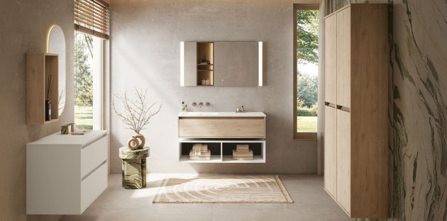 Grande salle de bains avec des meubles au style scandinave