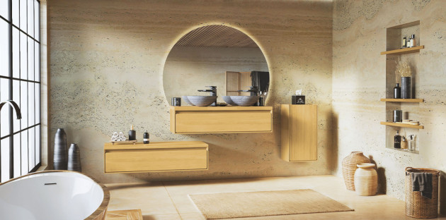Salle de bains moderne avec des meubles en bois brut