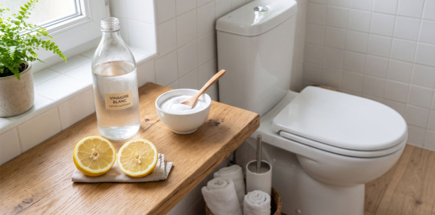 Produits d'entretien écologiques posés sur une tablette pour nettoyer les toilettes