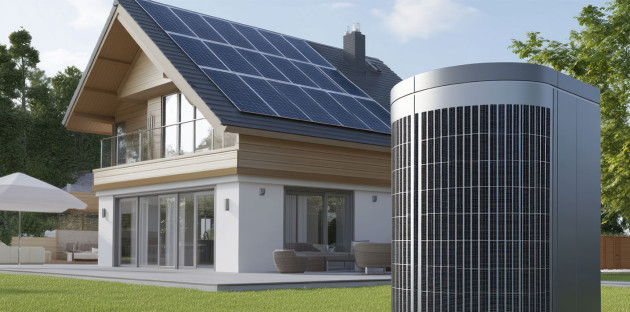 Système de climatisation devant une maison équipée de panneaux solaires