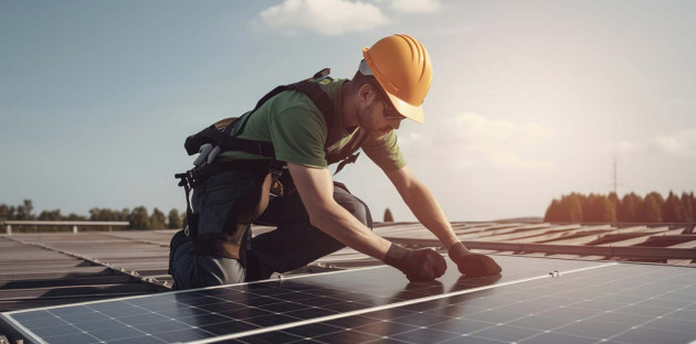 Homme qui installe un panneau solaire