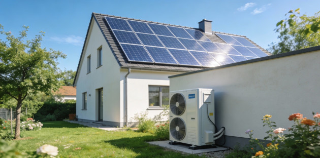 Maison avec des panneaux solaires sur le toit et un système de pompe à chaleur