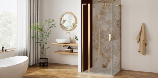 Salle de bains lumineuse avec receveur de douche compact, paroi vitrée et finitions dorées.