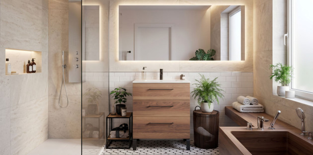 Salle de bains de 5 m² avec douche à l’italienne, baignoire et meuble vasque en bois