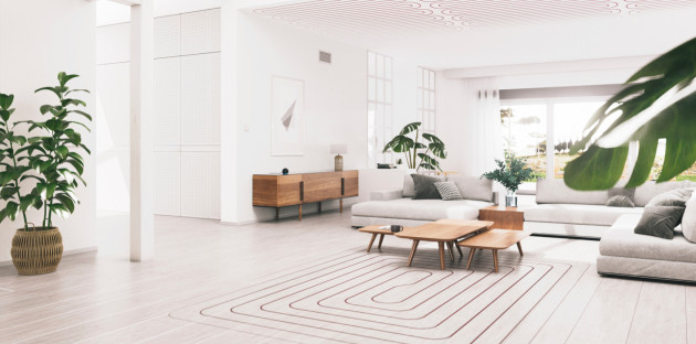 Grand salon de maison avec un plancher chauffant au sol