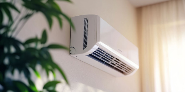 pompe à chaleur air-air installé dans une pièce lumineuse avec une plante verte