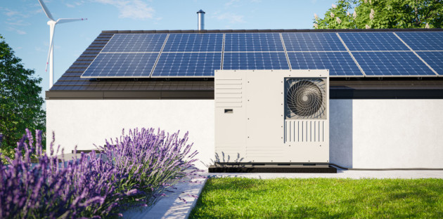 pompe à chaleur et panneau solaire installés à l'extérieur d'une maison