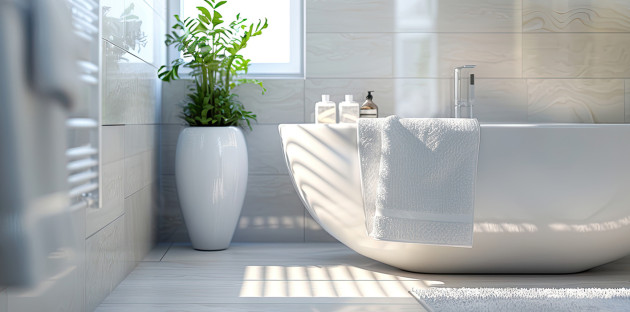 Salle de bains lumineuse avec une baignoire