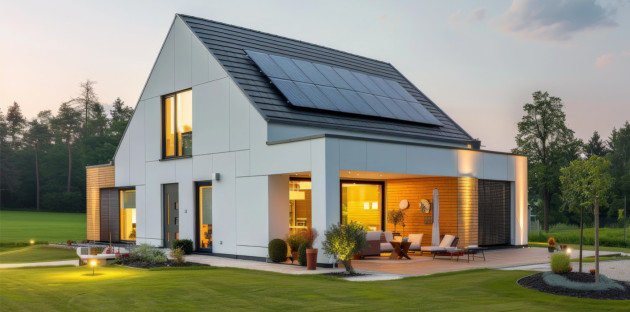 Maison contemporaine équipée de panneaux solaires sur sa toiture, avec une terrasse aménagée et un jardin paysager.