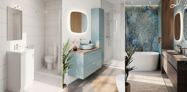 Comparatif de trois styles de salles de bains modernes : minimaliste, naturelle et haut de gamme avec baignoire îlot.
