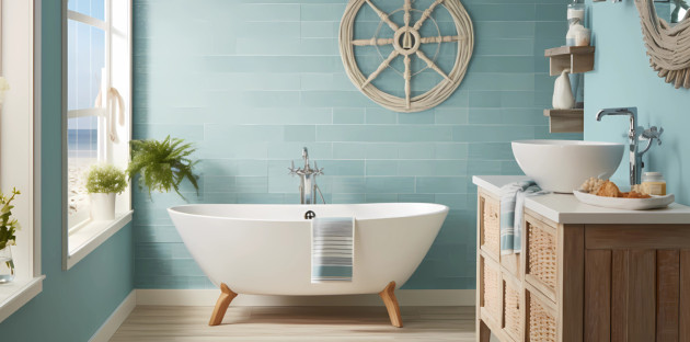 Salle de bains avec mur bleu et sol en bois