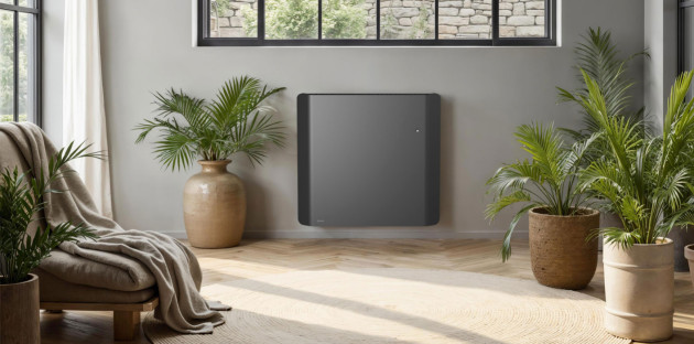 Radiateur noir design dans une pièce de maison avec des plantes