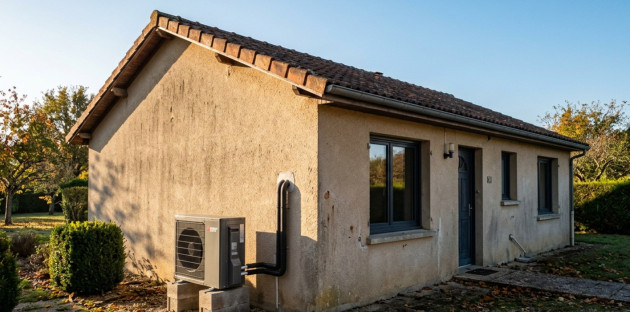 Maison ancienne équipée d’une pompe à chaleur en remplacement d’un ancien système de chauffage au fioul.