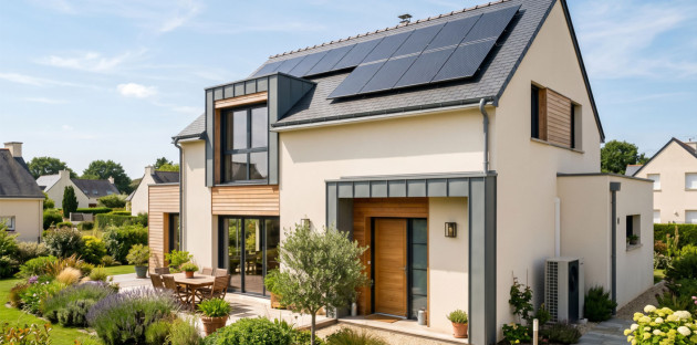 Maison individuelle équipée de panneaux solaires en toiture, illustrant une rénovation énergétique globale.