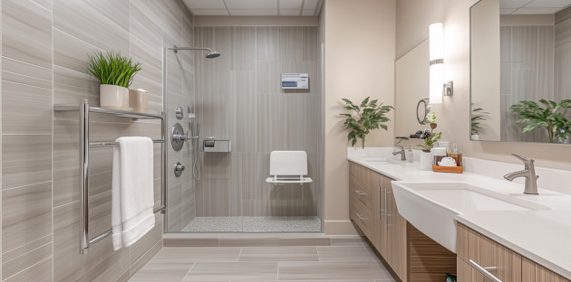 Grande salle de bains moderne aménagée pour les PMR