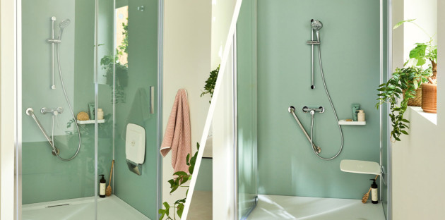 deux vues d'une douche sécurisée et accessible avec des parois vert équipées de barres d'appui et d'un pommeau et d'un siège de douche