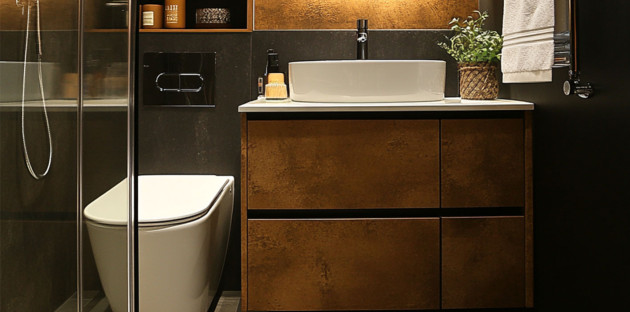 salle de bain moderne avec un mur sombre et toilette et douche visible