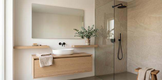 Salle de bains minimaliste avec meuble suspendu en bois