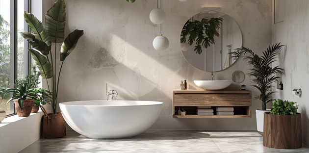 Salle de bains Japandi lumineuse avec baignoire îlot blanche, meuble vasque suspendu en bois, miroir rond et plantes vertes.