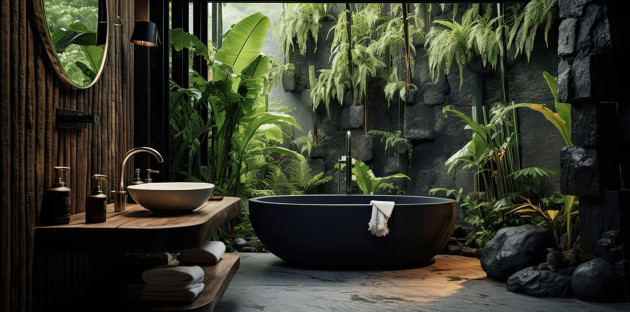 Salle de bains moderne avec une ambiance de jungle, plantes vertes.