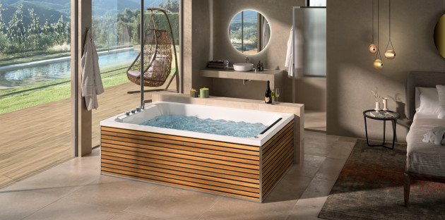 Baignoire balnéo rectangulaire avec tablier en lames effet bois.