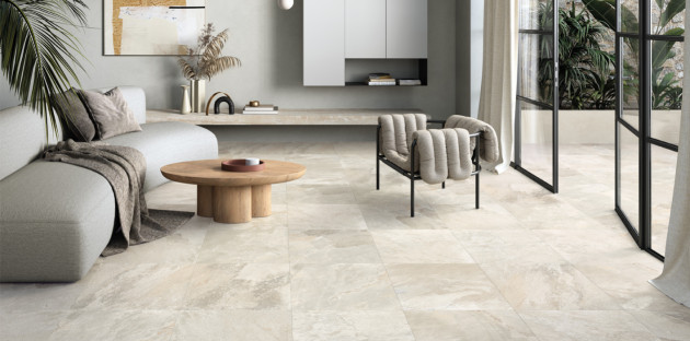 Salon de maison moderne recouvert de carrelage effet quartz