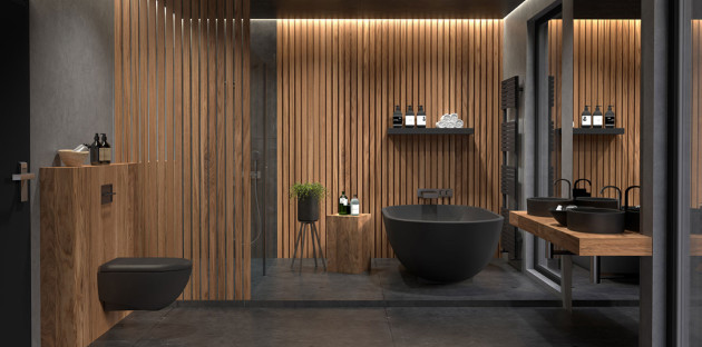 Salle de bains avec toilettes noire et bois
