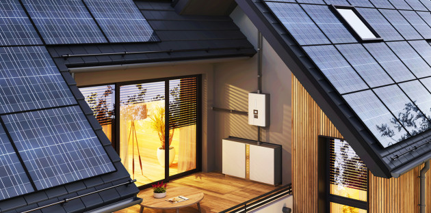 Maison équipée de panneaux solaires et batterie de stockage