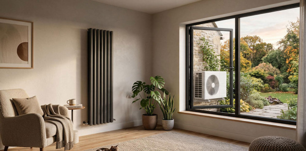 Salon moderne chauffé par un radiateur vertical avec unité extérieure de pompe à chaleur visible près de la fenêtre.