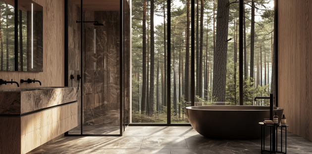 Salle de bains haut de gamme ouverte sur la foret avec une douche italienne
