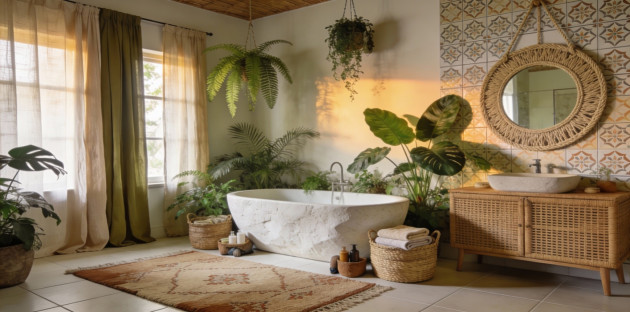 Salle de bains ambiance bohème chic avec une baignoire ilot