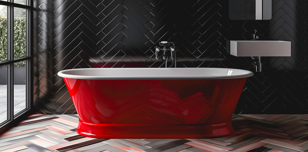 Baignoire îlot rouge devant un mur en zellige noir posé en chevrons.