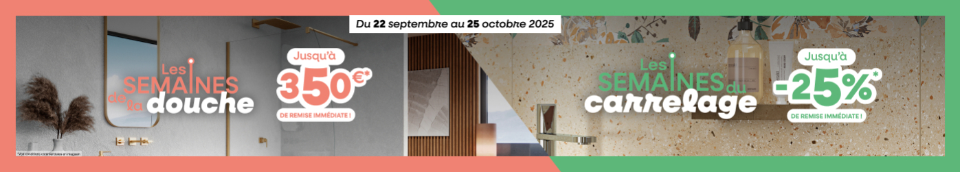 Bannière promotionnelle les semaines de la douche et du carrelage 2025 Espace Aubade