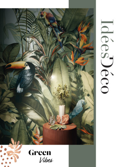 Couverture du magazine Idées Déco Green Vibes avec un visuel carrelage imprimé décor effet jungle Pigmento de Ergon