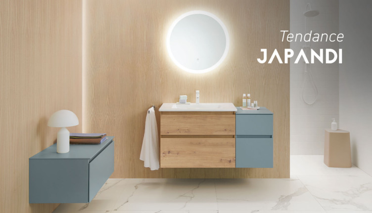 Visuel d'ambiance style Japandi presentant le meuble Lin20 de Burgbad