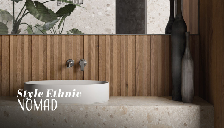 visuel présentant une ambiance naturelle et d'inspiration ethnique d'une salle de bains