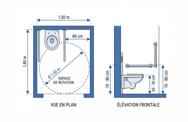 Schéma des dimensions réglementaires d’un WC PMR avec espace de rotation et barres d’appui