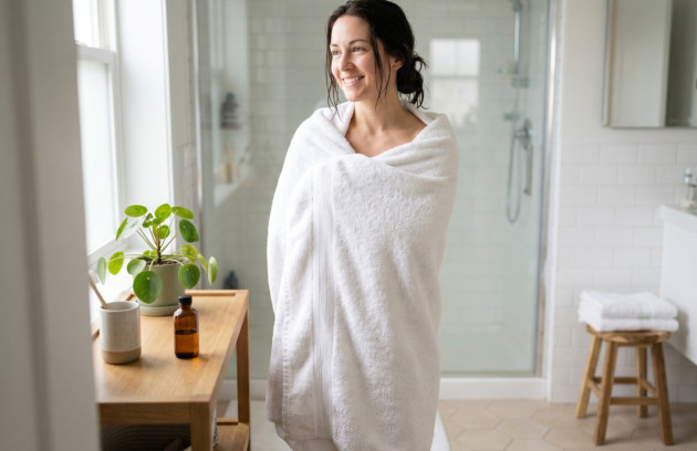 Femme enveloppée dans une serviette après la douche avec un flacon d’huile essentielle à proximité.