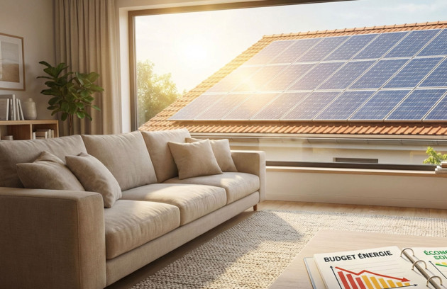 Salon lumineux d’une maison avec vue sur une toiture équipée de panneaux solaires photovoltaïques, illustrant les économies d’énergie et la rentabilité d’une installation solaire domestique.