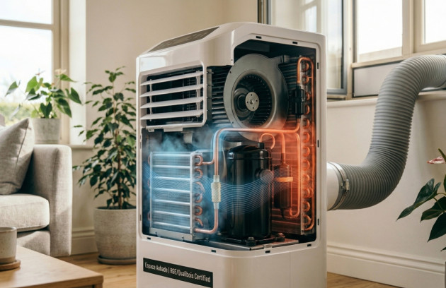 Climatiseur mobile monobloc avec vue intérieure du compresseur, ventilateur et circuit frigorifique en fonctionnement dans un salon lumineux.