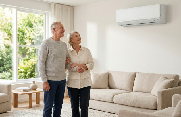 Couple senior satisfait devant une climatisation murale performante dans un salon lumineux