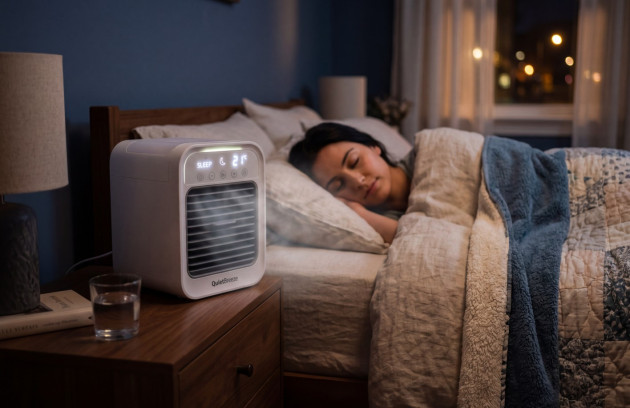 Mini climatiseur compact posé sur une table de nuit en mode sommeil dans une chambre, diffusant de l’air frais pendant la nuit.
