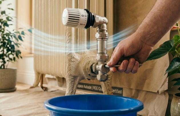 Vidange d’un radiateur en fonte avec purge et récupération d’eau dans une bassine