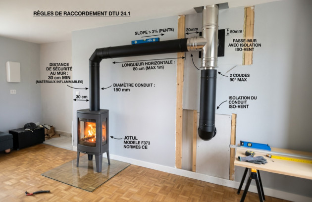 Schéma explicatif des règles de raccordement et d’évacuation d’un poêle à bois.
