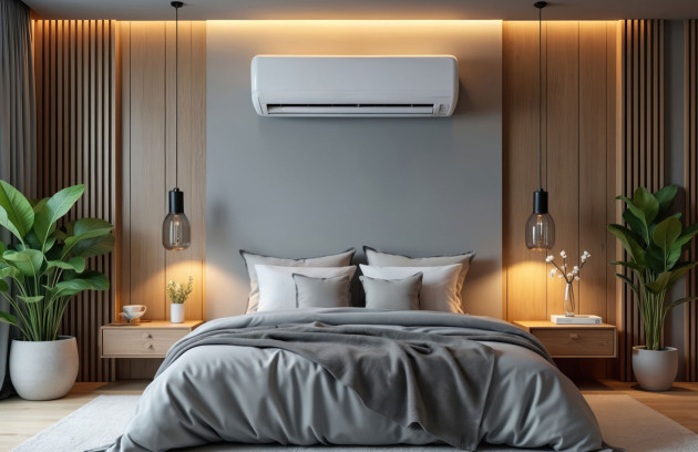 Climatisation murale installée au-dessus d’un lit dans une chambre moderne, illustration d’un bon réglage de clim pour un confort thermique optimal et une température adaptée au sommeil.