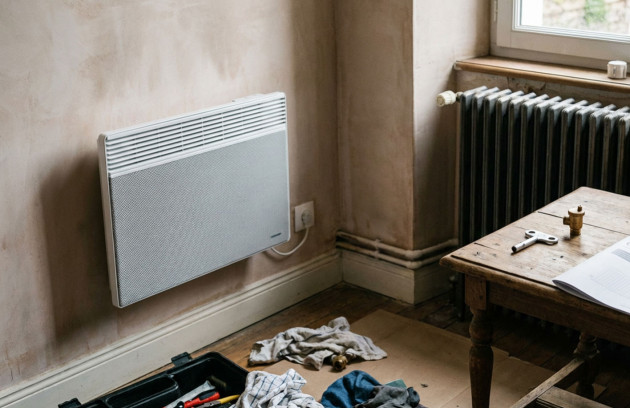 Radiateur électrique mural installé dans une pièce, raccordé à une sortie de câble, illustrant la mise en service après branchement sécurisé